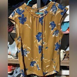 Daniel Rainn Mustard Floral Cap-Sleeve Blouse with Blue Flowers